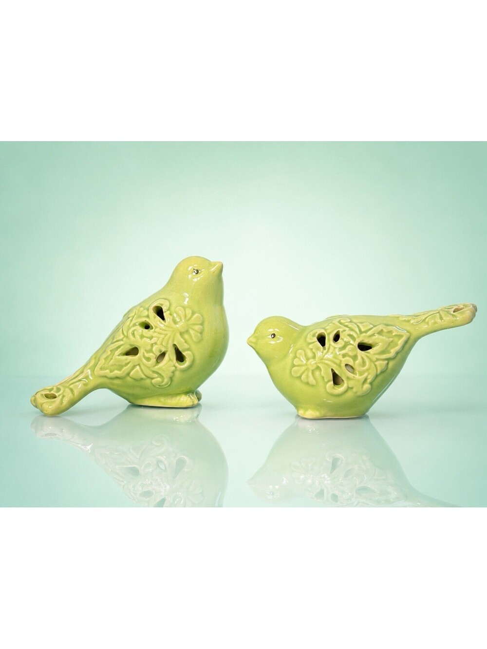 2 Green Ceramic Pierced Floral Bird Figurines, 5x5.5” REPAIRED